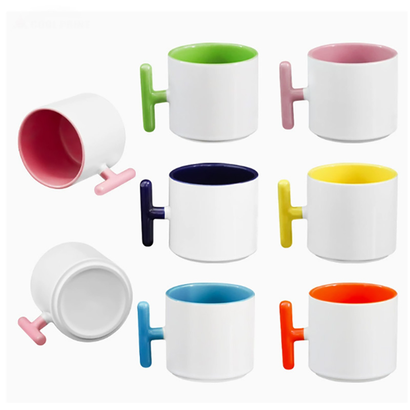 Sublimation Mug White - 2個セット クリエイティブT字型ハンドル セラミックマグカップ 昇華ブランク カラーコーヒーマグ ティーカップ
